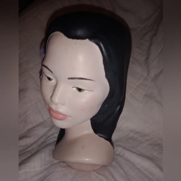 Mid Century Modern Green Eyed Polynesian Woman Head Bust Hibiscus Flower Holland